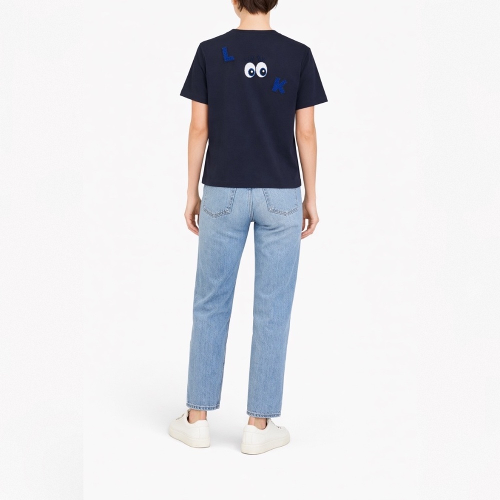MIRA MIKATI LOOK PATCH ZIPPER SHORT SLEEVE TOP NAVY SIZE US 4 EU 36 "NWT"